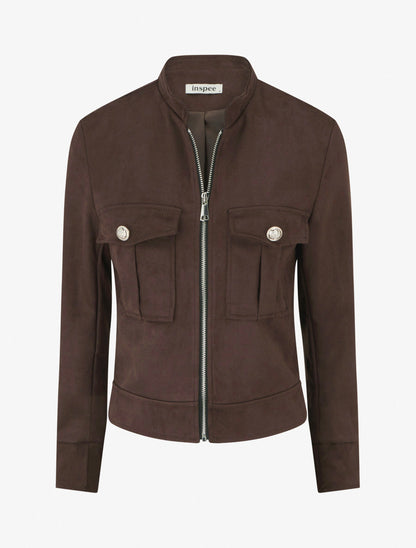 Veste en suédine zippée à poche à rabat - Marron - 1