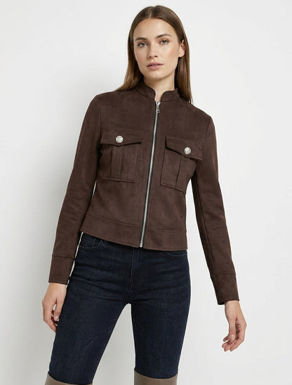 Reißverschlussjacke aus Wildlederimitat mit Klappentasche - Braun