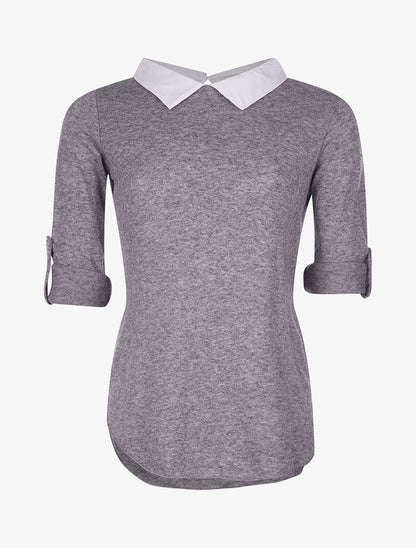 Pull doux col chemise - gris - 3