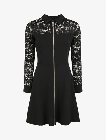 Robe patineuse unie à manches dentelle - Noir - 1