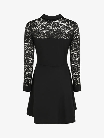 Robe patineuse unie à manches dentelle - Noir - 2