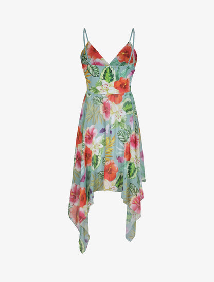 Robe empire mi-longue asymétrique imprimé hibiscus - Vert menthe - 2