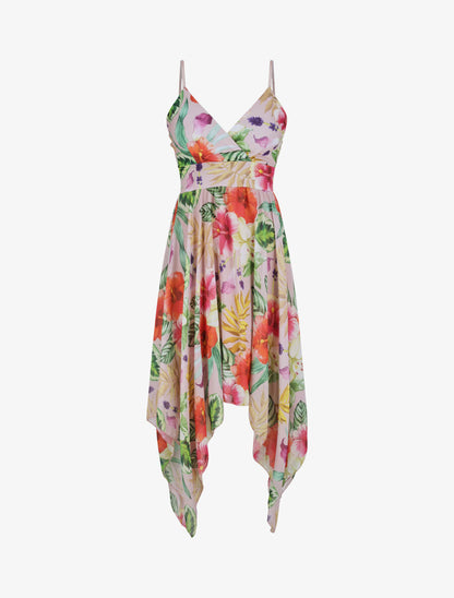 Robe empire mi-longue asymétrique imprimé hibiscus - Rose - 4