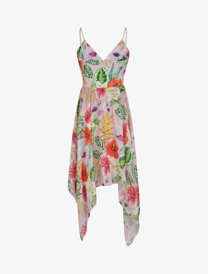 Robe empire mi-longue asymétrique imprimé hibiscus - Rose - 2