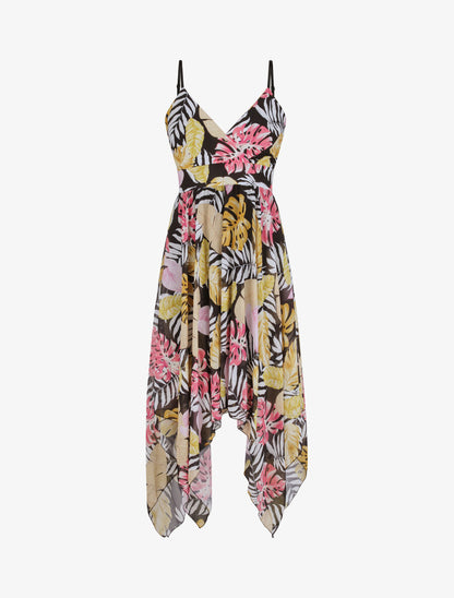 Robe empire mi-longue asymétrique imprimé feuille tropicales - Noir - 4