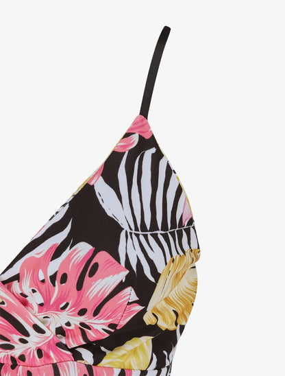 Robe empire mi-longue asymétrique imprimé feuille tropicales - Noir - 3