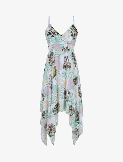 Robe empire mi-longue asymétrique imprimé feuille tropicales - Blanc - 4