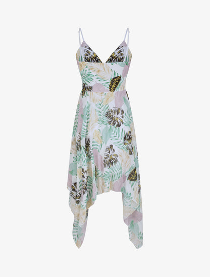 Robe empire mi-longue asymétrique imprimé feuille tropicales - Blanc - 2