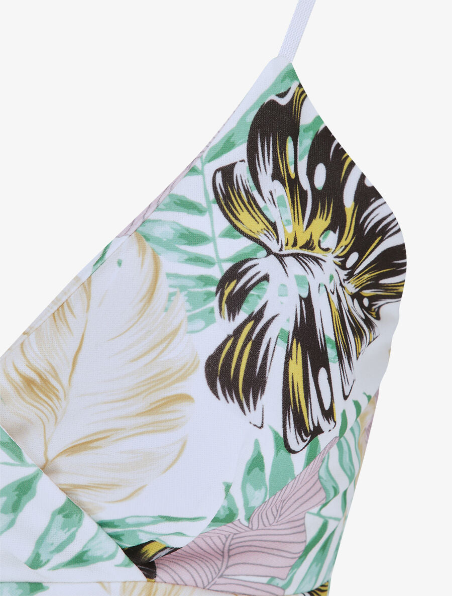 Robe empire mi-longue asymétrique imprimé feuille tropicales - Blanc - 3