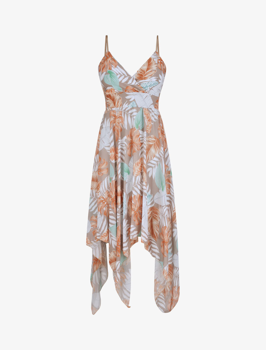 Robe empire mi-longue asymétrique imprimé feuille tropicales - Camel - 1