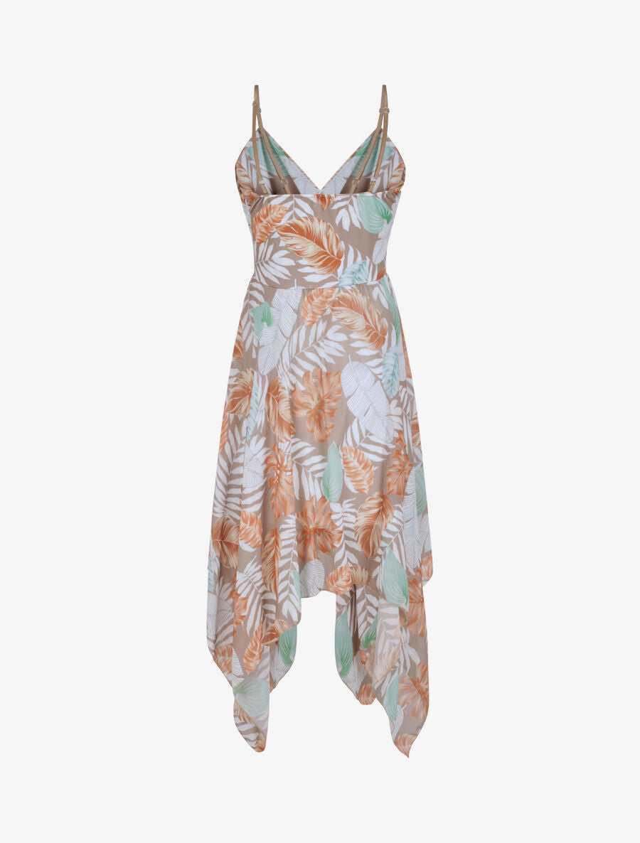 Robe empire mi-longue asymétrique imprimé feuille tropicales - Camel - 2
