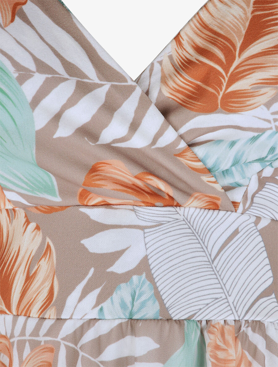 Robe empire mi-longue asymétrique imprimé feuille tropicales - Camel - 3