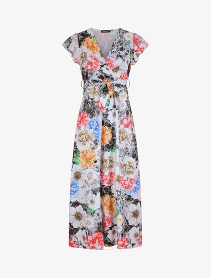 Robe longue cintrée imprimé pivoines stylisées - Noir - 4
