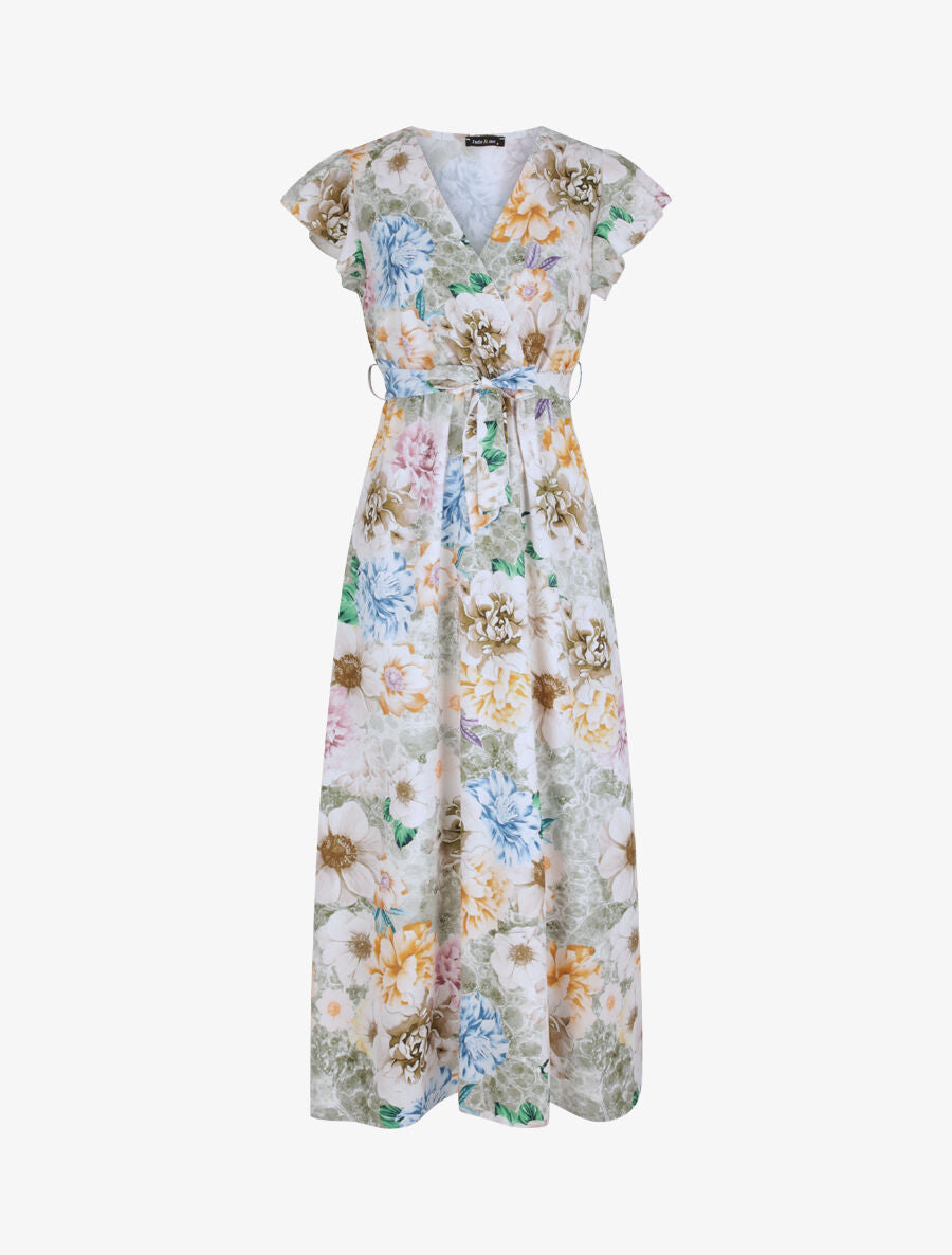 Robe longue cintrée imprimé pivoines stylisées - Vert olive - 1