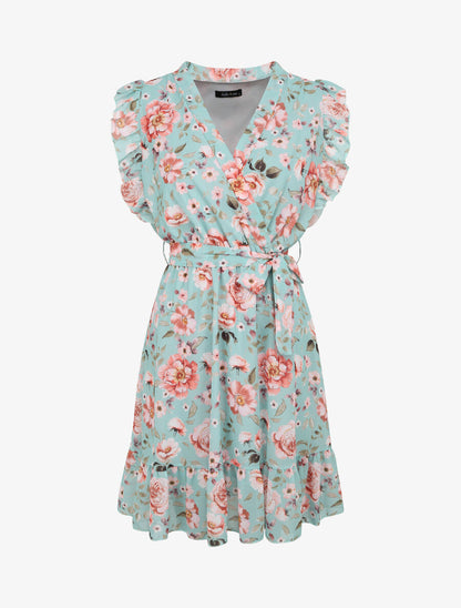 Robe patineuse mi-longue imprimé roses - Vert menthe - 4