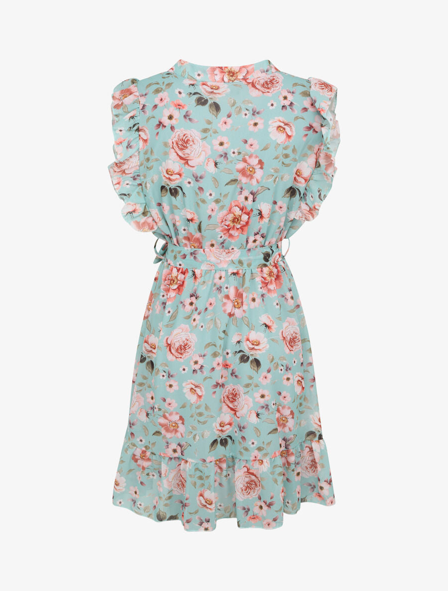 Robe patineuse mi-longue imprimé roses - Vert menthe - 2