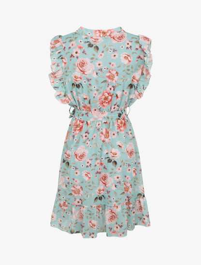 Robe patineuse mi-longue imprimé roses - Vert menthe - 2