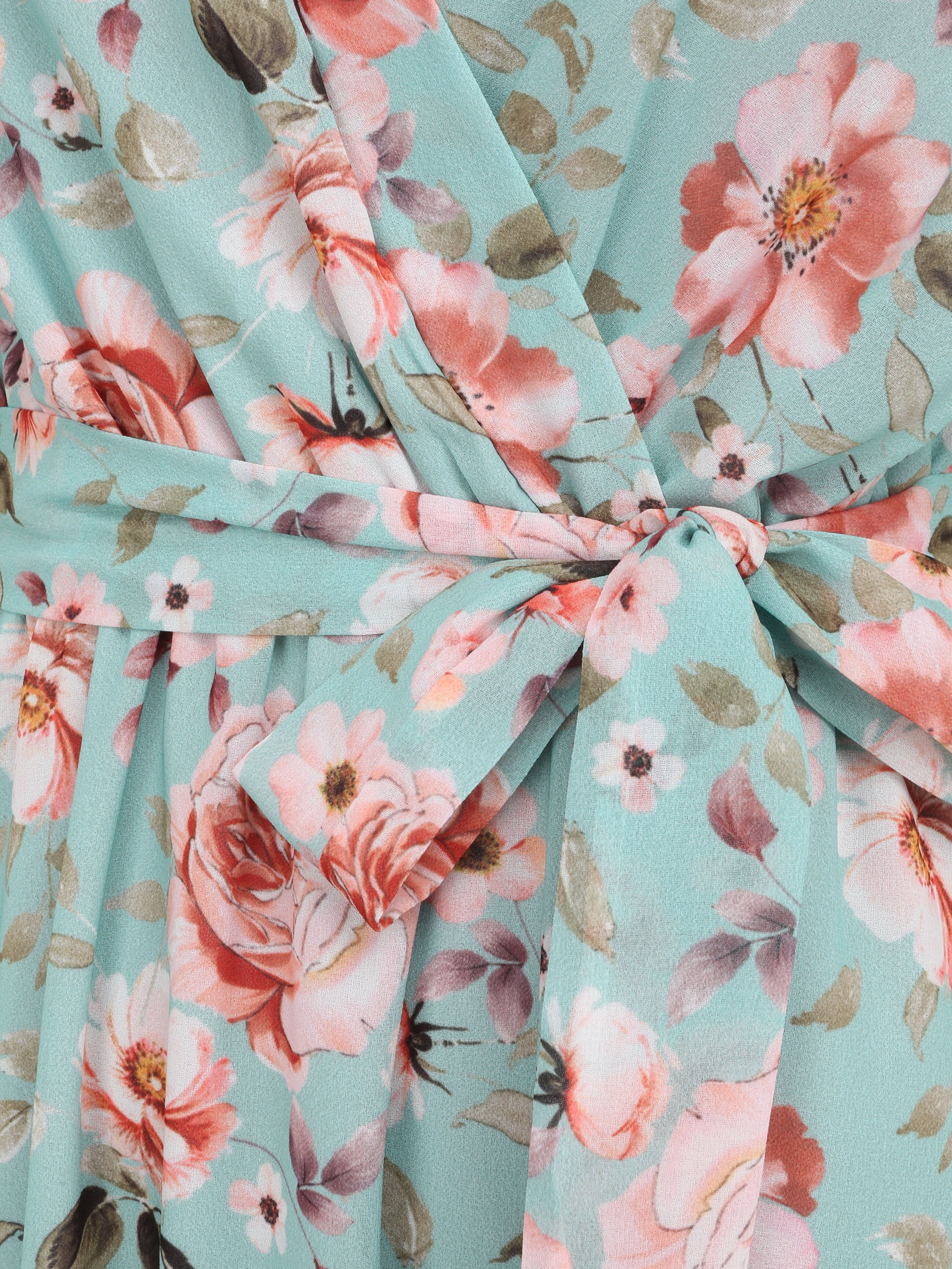 Robe patineuse mi-longue imprimé roses - Vert menthe - 3