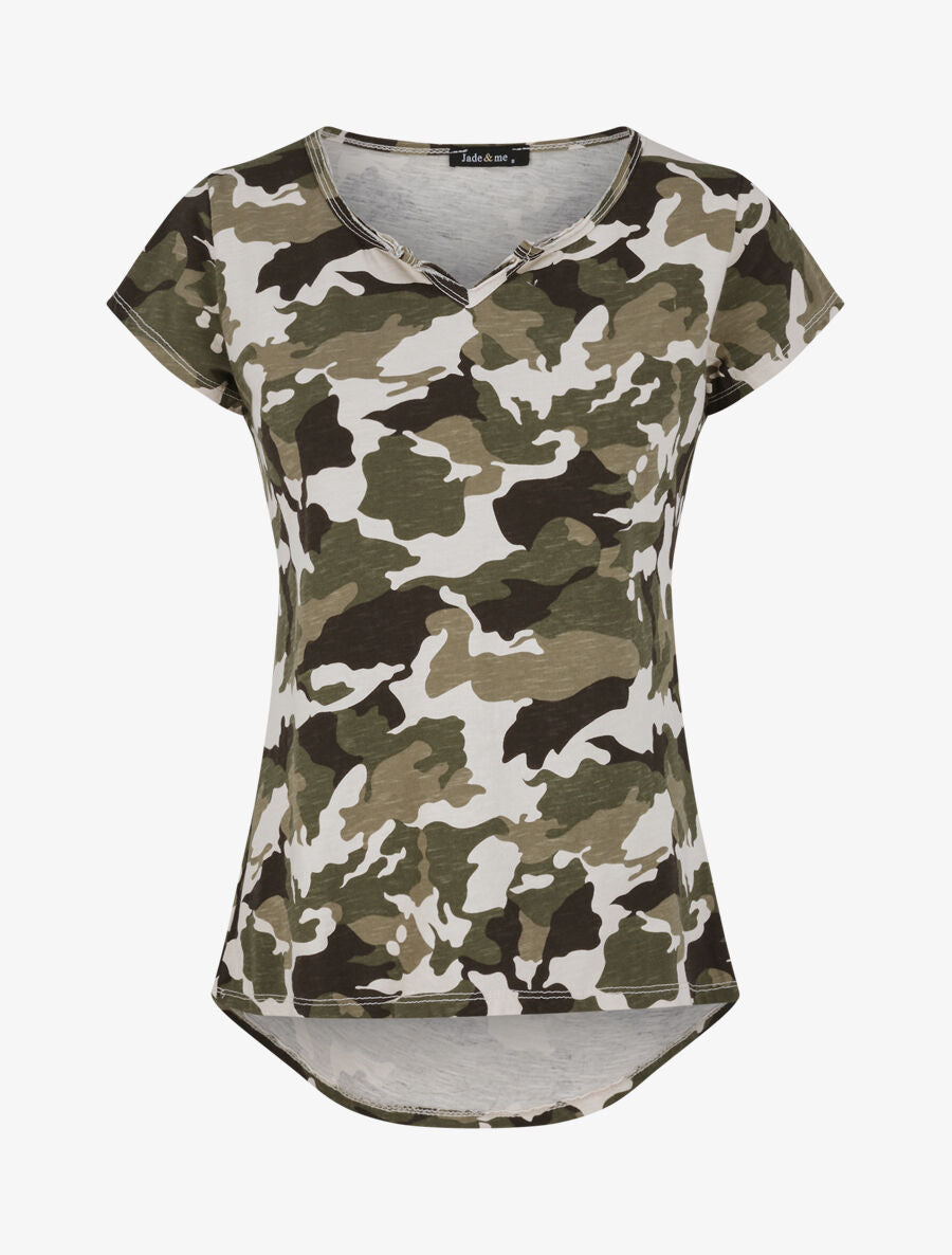 T-shirt droit imprimé treillis manches courtes - Beige - 4