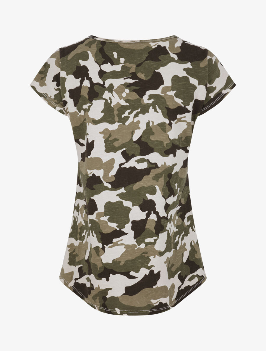 T-shirt droit imprimé treillis manches courtes - Beige - 2