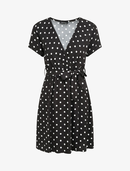 Robe courte portefeuille imprimé pois - Noir - 4