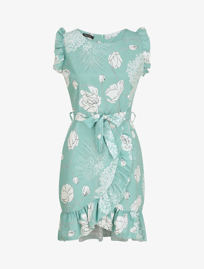 Robe imprimé fleurs sauvages à bords volantées style portefeuille - Vert d&
