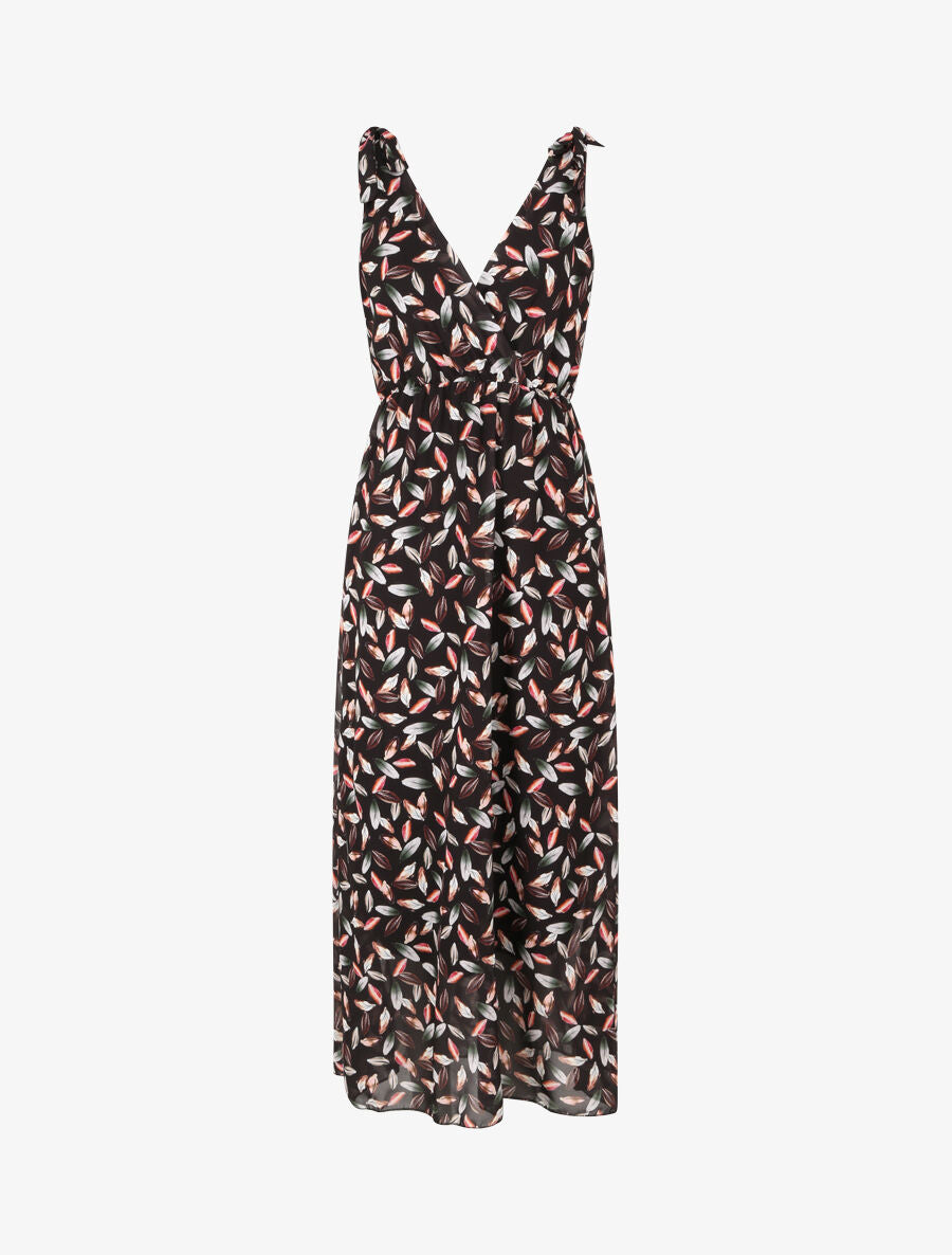 Robe imprimé feuilles à bretelles à détail noeud - Noir - 1