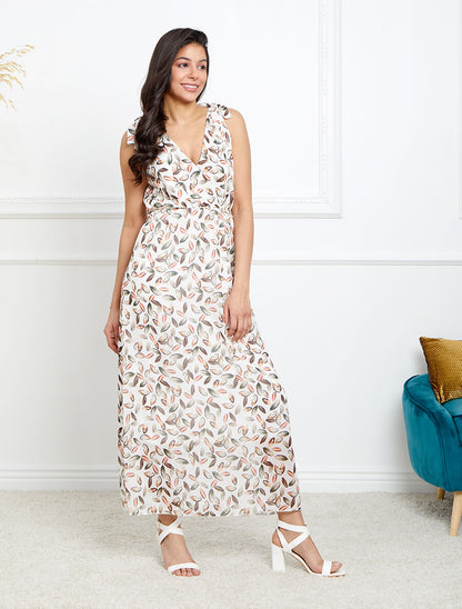 Robe imprimé feuilles à bretelles à détail noeud - Blanc - 3