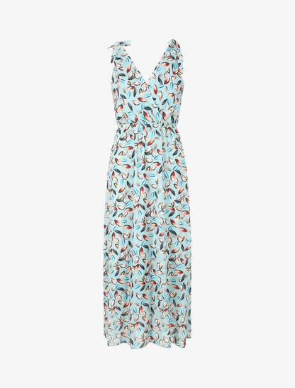 Robe imprimé feuilles à bretelles à détail noeud - Bleu ciel - 4