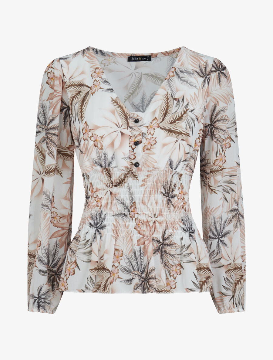 Top élastiqué imprimé tropical - Camel - 1