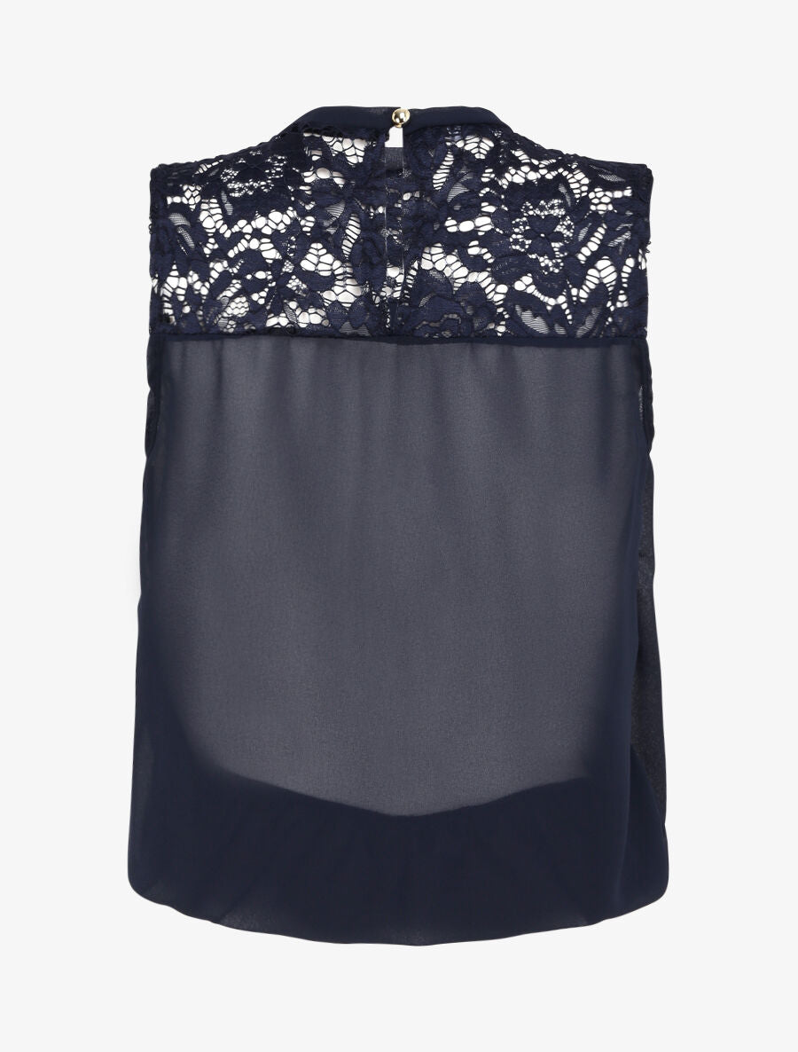 Top boule en voile à épaules en dentelle - Bleu nuit - 2