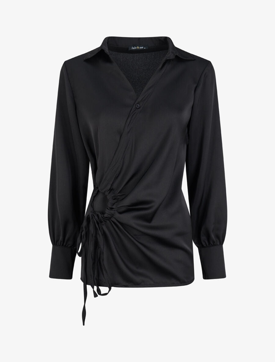 Blouse droite satinée à liens - Noir - 4