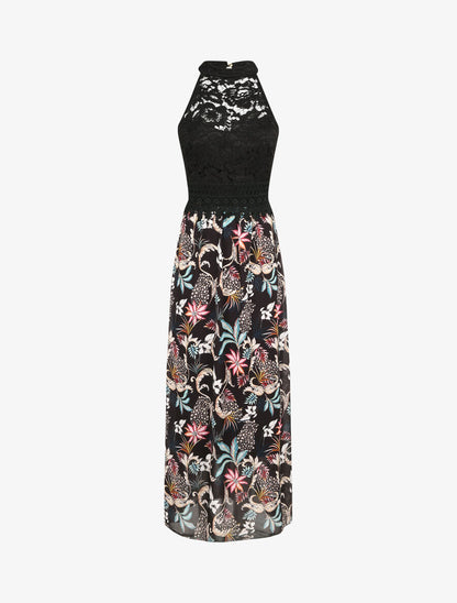 Robe longue imprimé fleurs baroques et buste en dentelle - Noir - 4