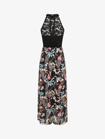 Robe longue imprimé fleurs baroques et buste en dentelle - Noir - 2