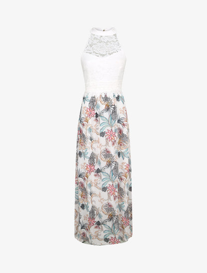 Robe longue imprimé fleurs baroques et buste en dentelle - Blanc - 1