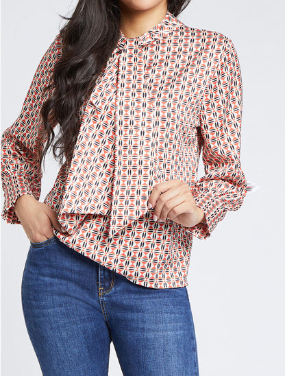Blouse droite lavallière imprimé mosaïque - Rouge - 1