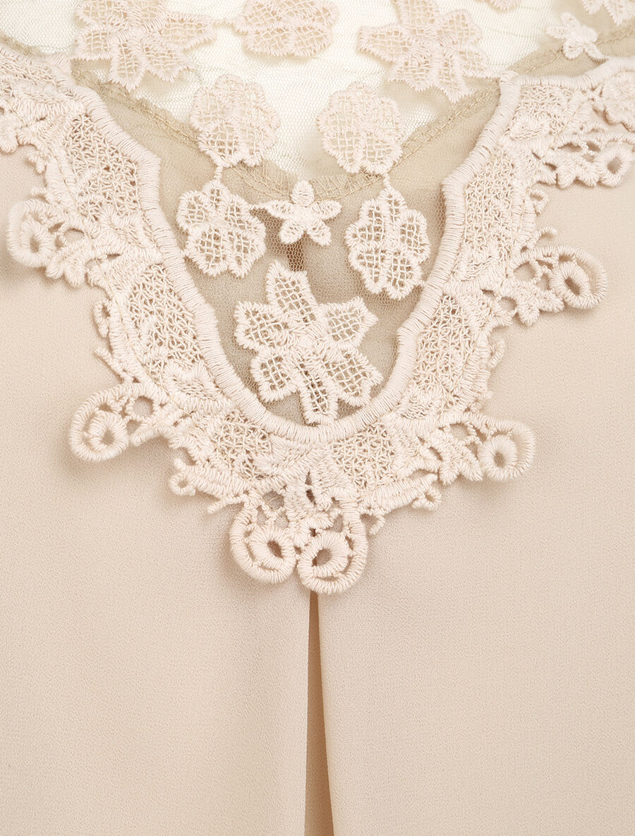 Top coupe boule à col en crochet et mesh - Beige - 3