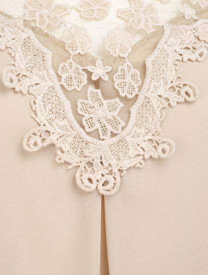 Top coupe boule à col en crochet et mesh - Beige - 3