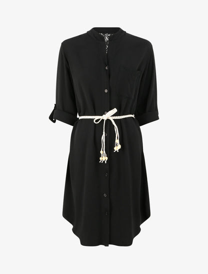 Robe chemise mi-longue unie à dos en dentelle - Noir - 5