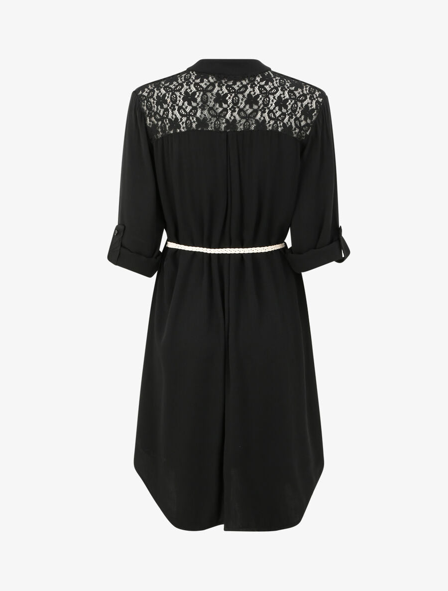 Robe chemise mi-longue unie à dos en dentelle - Noir - 2