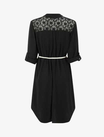 Robe chemise mi-longue unie à dos en dentelle - Noir - 2
