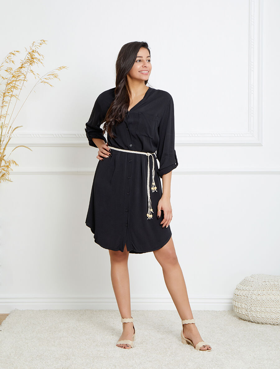 Robe chemise mi-longue unie à dos en dentelle - Noir - 4