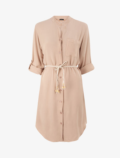 Robe chemise mi-longue unie à dos en dentelle - Beige - 1