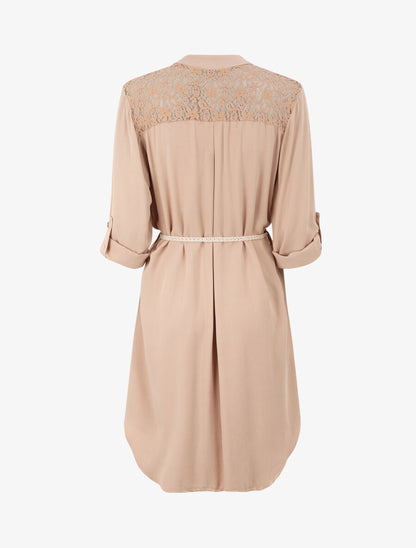 Robe chemise mi-longue unie à dos en dentelle - Beige - 2