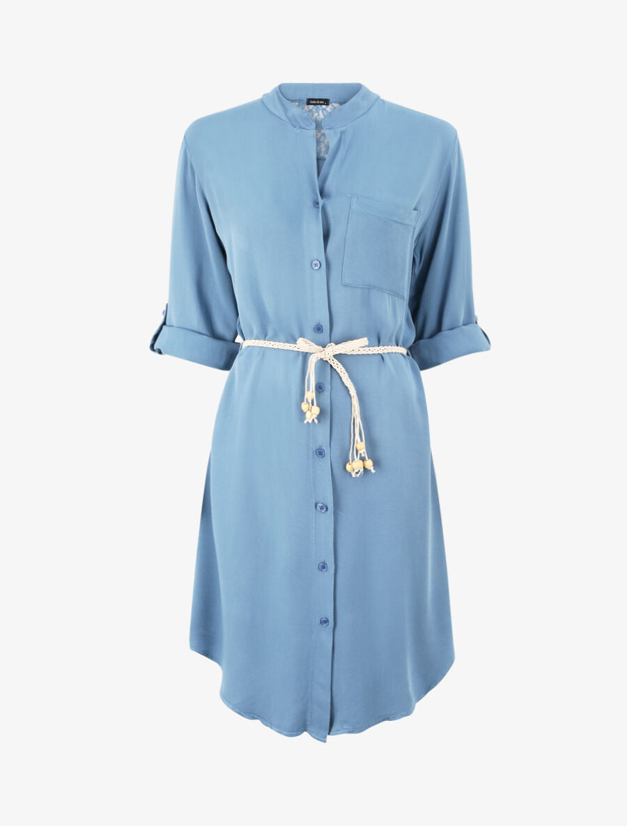 Robe chemise mi-longue unie à dos en dentelle - Bleu - 1