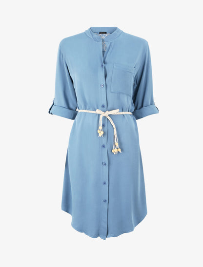 Robe chemise mi-longue unie à dos en dentelle - Bleu - 1