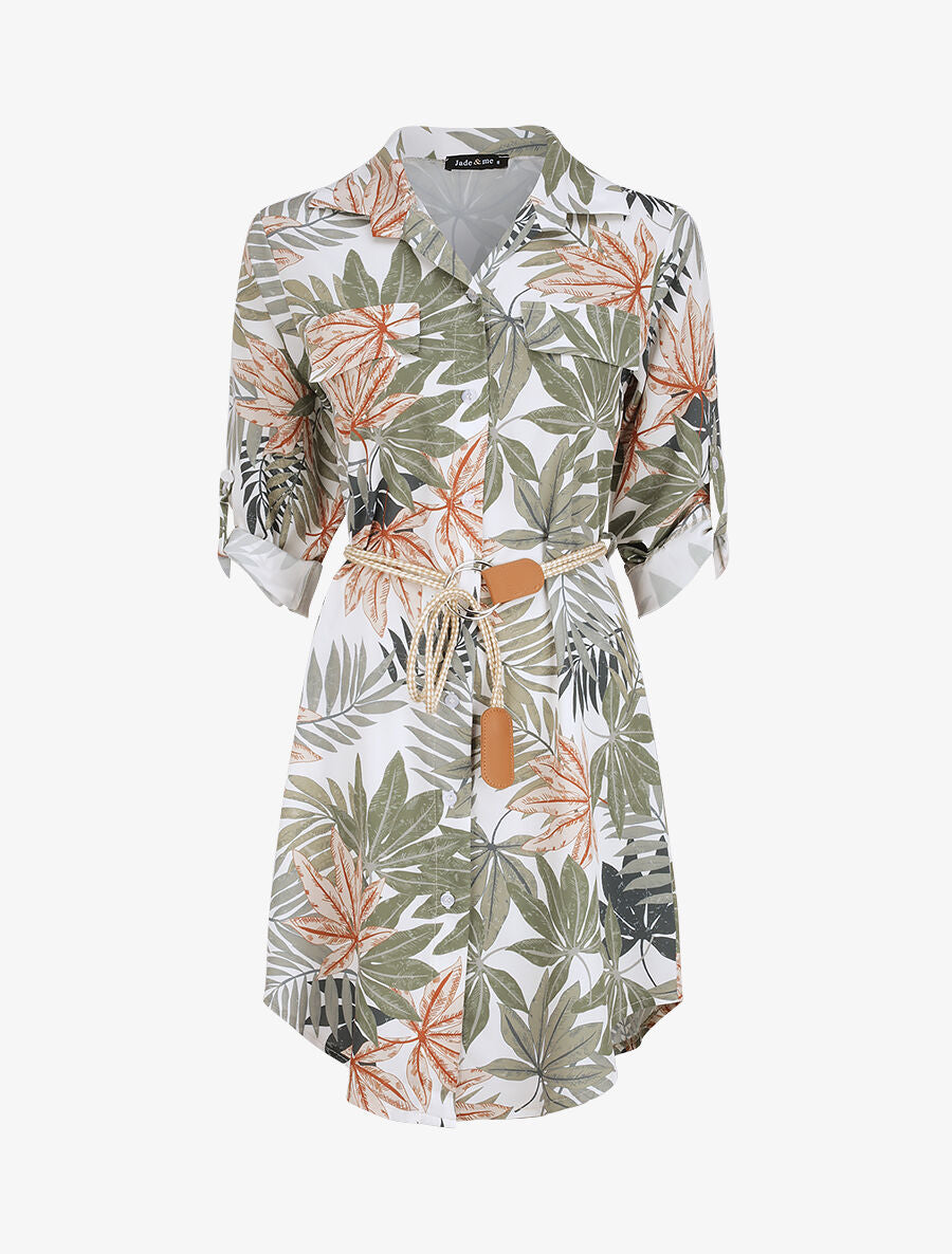 Robe chemise droite imprimé tropical - Blanc - 1
