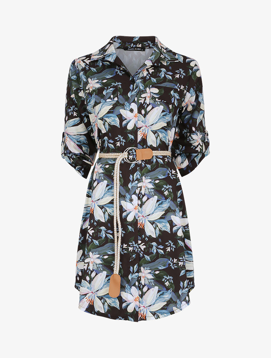 Robe chemise droite imprimé fleurs de lys - Noir - 1