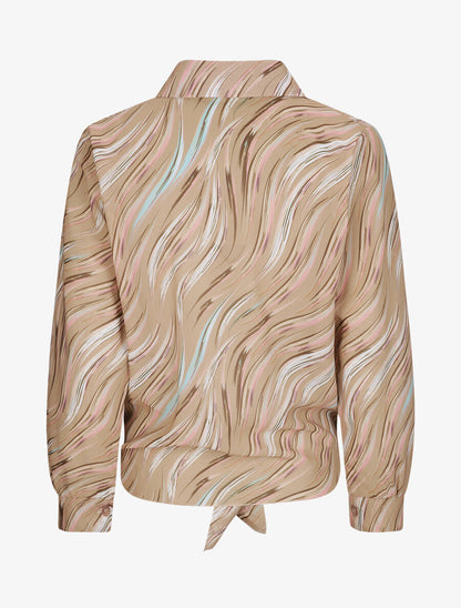 Chemise droite à nouer imprimé lignes stylisées - Camel - 2