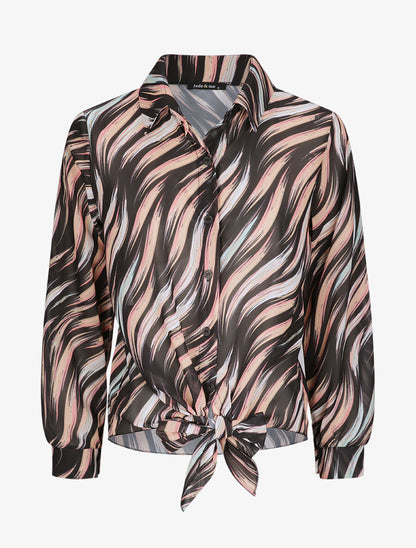 Chemise droite à nouer imprimé lignes stylisées - Noir - 5